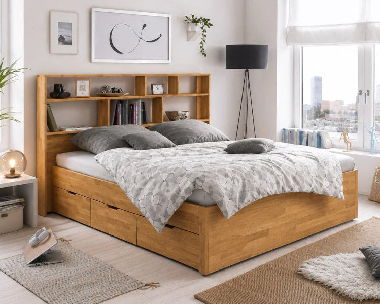 Cama de madera maciza de roble con cabecero con estanterías integradas y cajones de almacenaje | rublestore.com