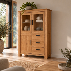 Muebles de salón Aden en madera maciza de roble natural. Diseño rústico, cálido y atemporal para crear un hogar con carácter. 
